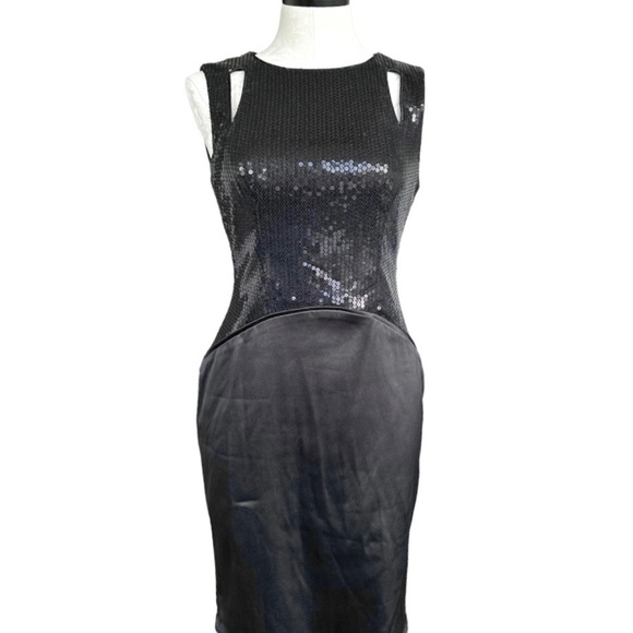 Vince Camuto Sequin Cut Out Cocktail Dress Black Satin & Sequins Size 4 - Picture 14 of 15